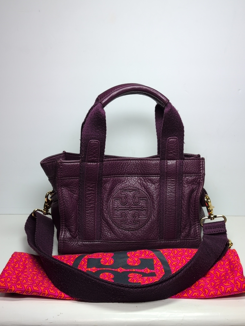 Tory Burch Ella Purple leather tote bag crossbody Detachable Strap w/ dust bag